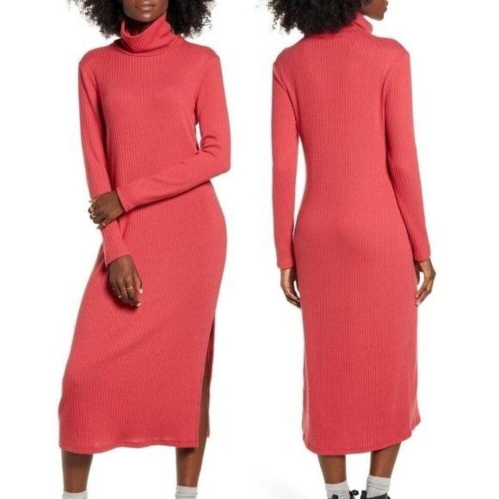 All in Favor Coral Ribbed Midi Dress Size Large *NWT*